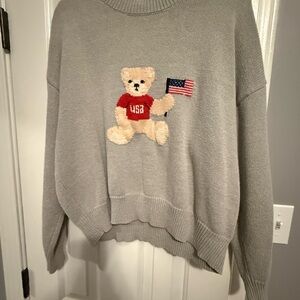 Gray Sweater with Bear and Flag Design